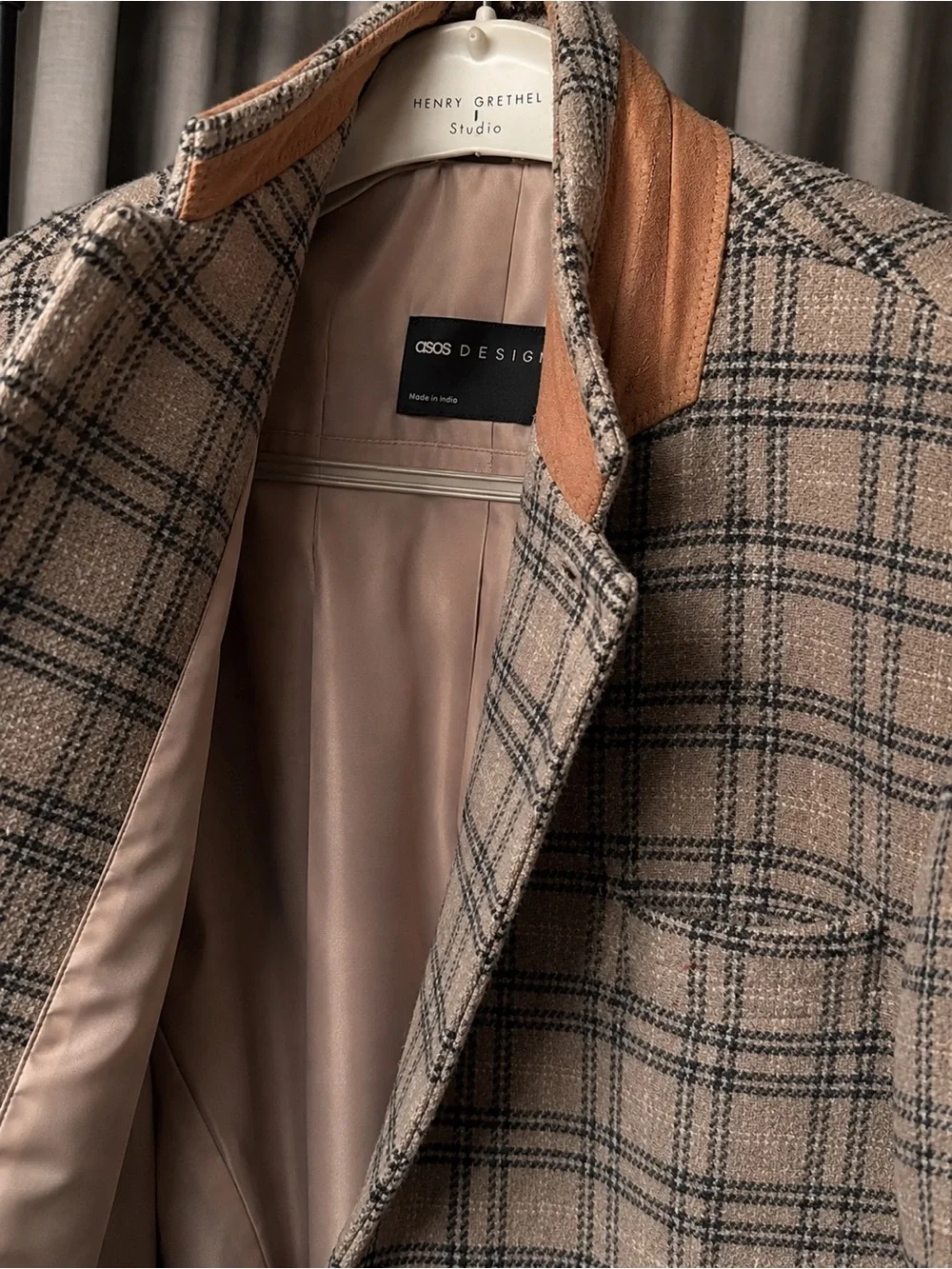 ASOS Beige Plaid Sport Coat with Black Windowpane and Tan Collar
